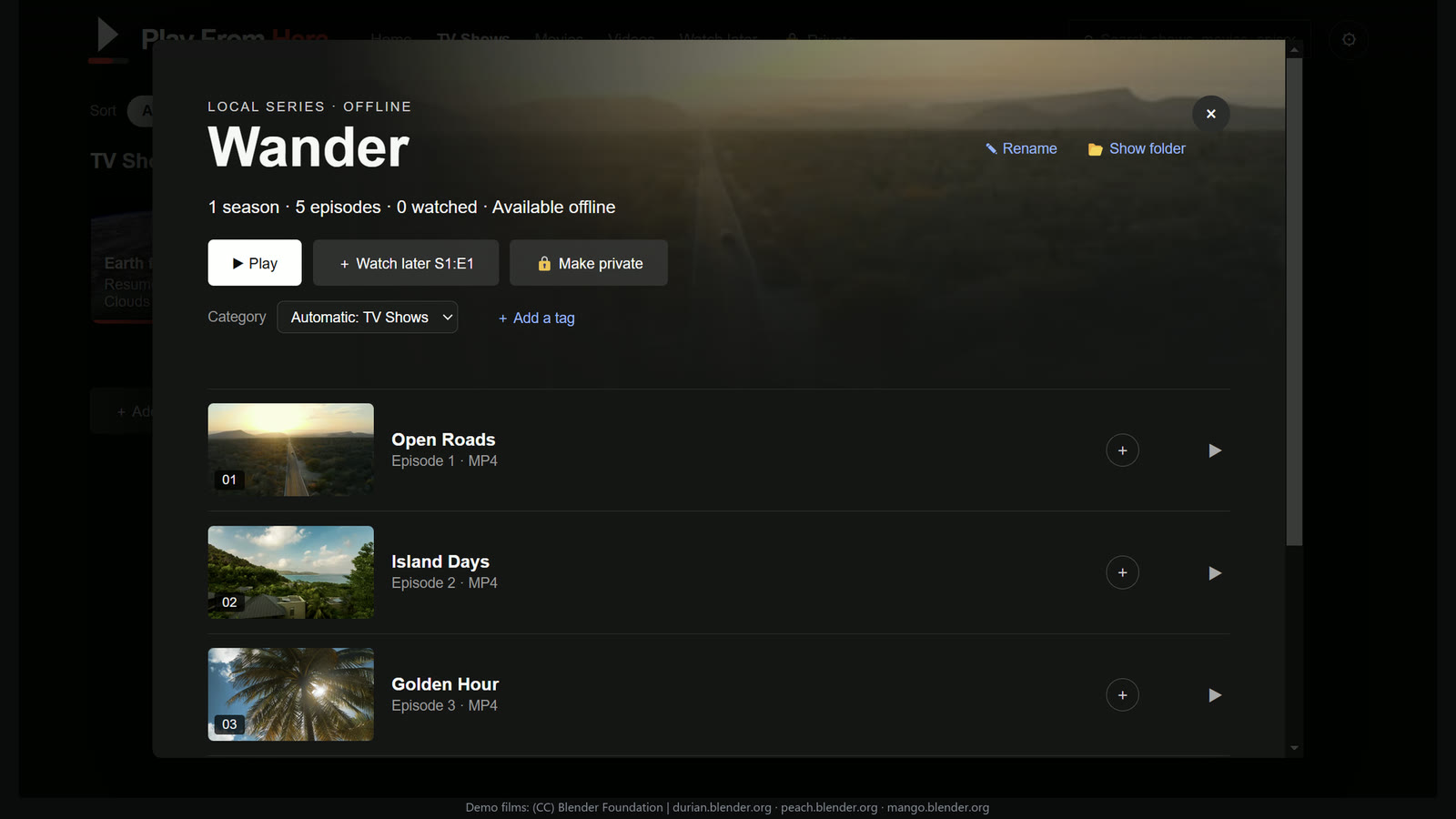 A show page with seasons and episodes