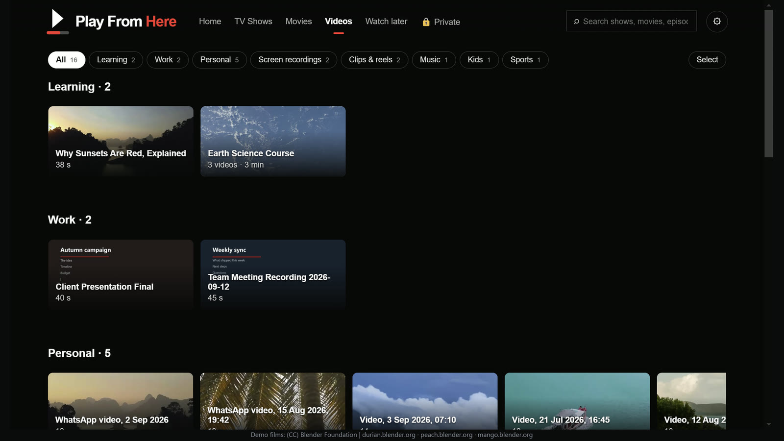 Other videos, sorted into categories