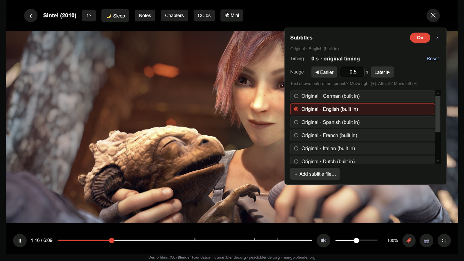 Choosing subtitles in the player